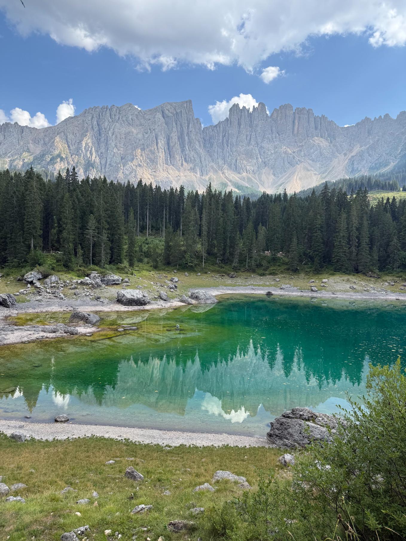 Aguas turquesa del Lago di Carezza rodeado de bosque de coníferas