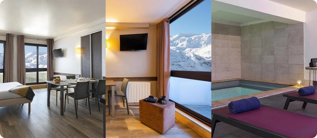 Collage de 3 imagenes de la residencia SOWELL Crêt Voland en Les Menuires. En la primera hay el comedor, en la siguiente la habitación y en la última el spa