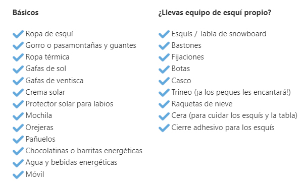 Qué para tu escapada a la nieve? checklist descargable - Esquiades